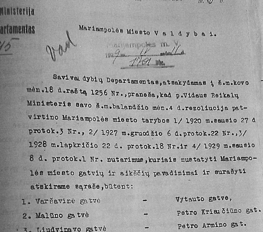 Marijampolės miesto valdybai : 1929-04-06 atsakymas Nr. 3215 Paveikslėlis 1