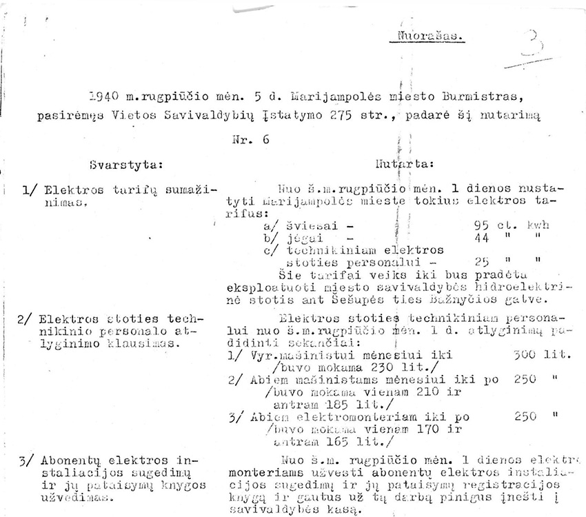 Marijampolės miesto burmistro sprendimo nuorašas: 1940-08-05 ... Paveikslėlis 1